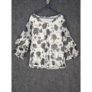 Cato 18/20W White Black Floral Print 3/4 Bell Sleeve Blouse Top Plus Size‎ Boho